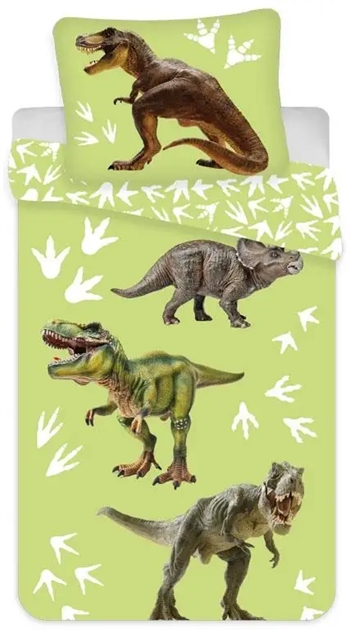 Billede af Junior sengetøj 100x140 cm - Dinosaurer sengesæt junior grønt - 2 i 1 design - 100% bomuld hos Shopdyner.dk